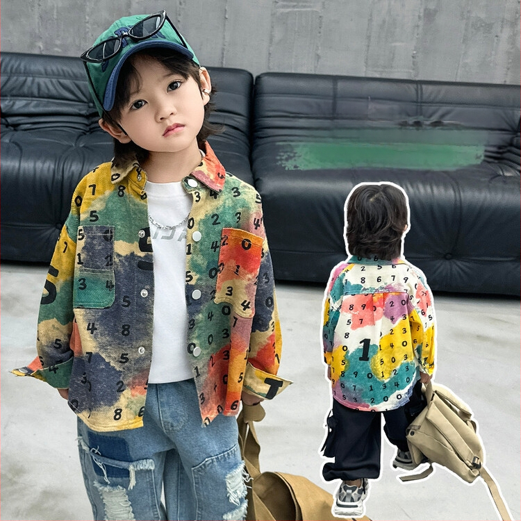 Poiste digitaalne batikvärvitud puuvillane särk 2024 Kevad ja sügis uus laste kena universaalne särk lastesärk