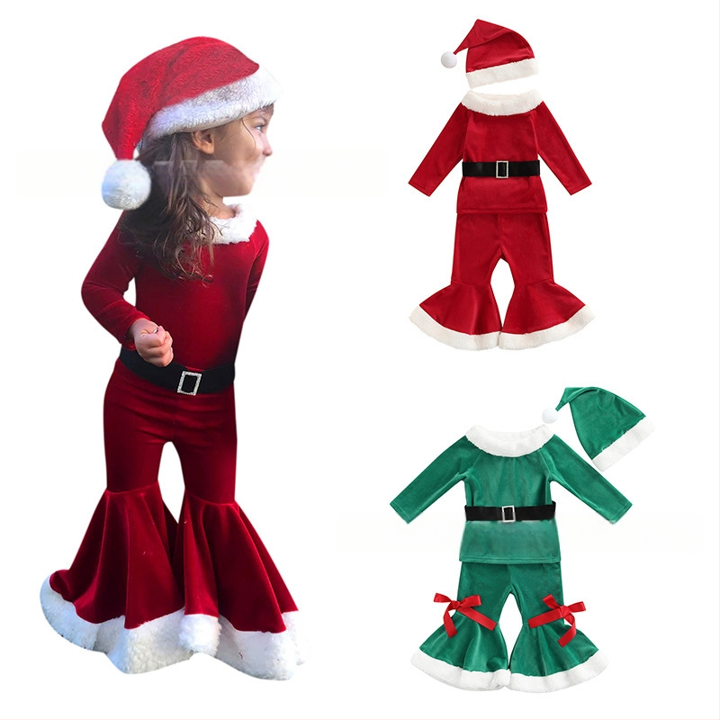 Novi Amazon AliExpress Vruće djevojke Božićni baršunasti zvonasti hlače s remenom Šešir Set od četiri dijela