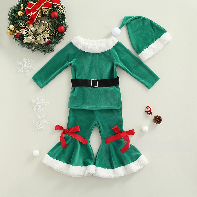 Novi Amazon AliExpress Vruće djevojke Božićni baršunasti zvonasti hlače s remenom Šešir Set od četiri dijela