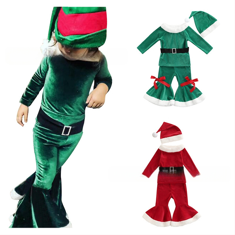Novi Amazon AliExpress Vruće djevojke Božićni baršunasti zvonasti hlače s remenom Šešir Set od četiri dijela