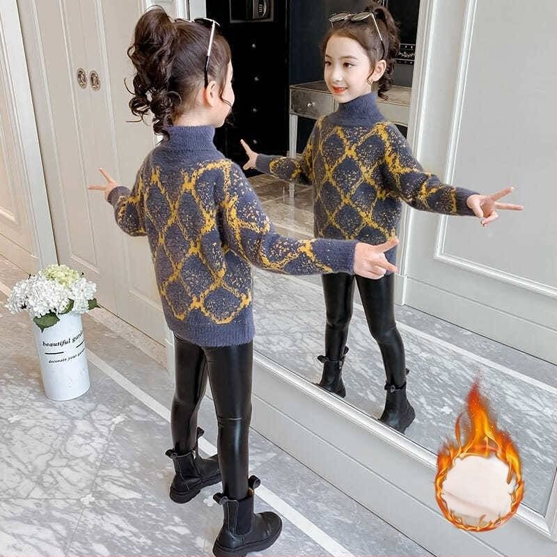 Djevojački pulover u zapadnjačkom stilu Jesen i zima 2024. Novi djevojački pulover s podlogom Dječji visoki ovratnik s flis podstavom, pleteni pulover