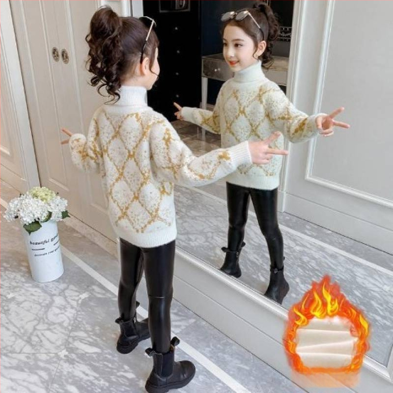 Djevojački pulover u zapadnjačkom stilu Jesen i zima 2024. Novi djevojački pulover s podlogom Dječji visoki ovratnik s flis podstavom, pleteni pulover