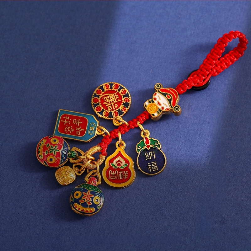 National Tide Vintage Sand Gold bagātības dieva automašīnas atslēgas kulons, austa virves soma, pūķa piekariņš, emaljas zelta rīšanas zvēra atslēgu piekariņš