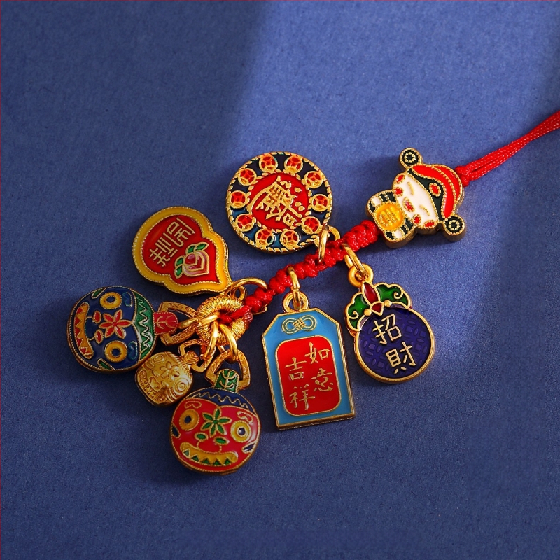 National Tide Vintage Sand Gold bagātības dieva automašīnas atslēgas kulons, austa virves soma, pūķa piekariņš, emaljas zelta rīšanas zvēra atslēgu piekariņš