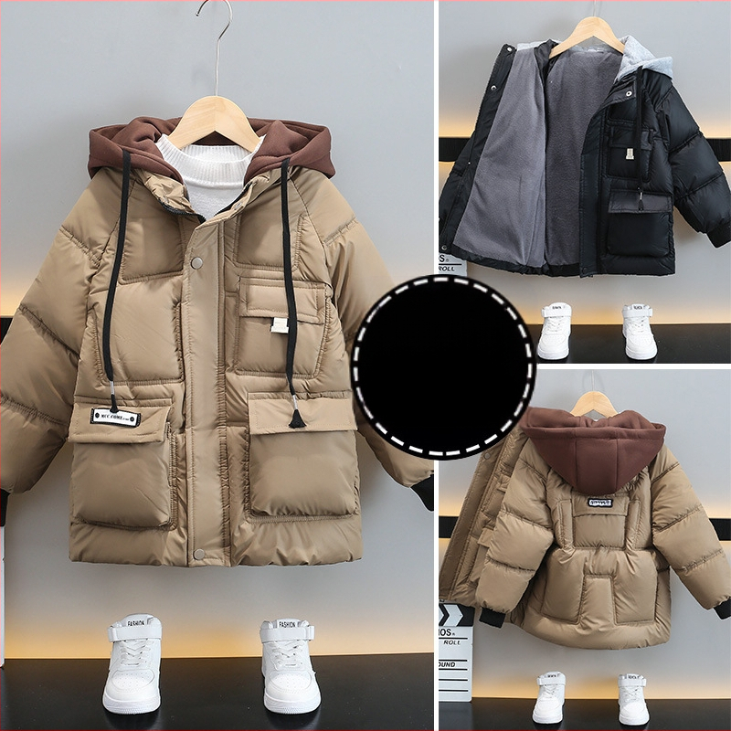 Detské oblečenie Zima 2023 Nová kórejska chlapčenská teplá bunda s flísovou podšívkou, detská teplá bunda s kapucňou v západnom štýle