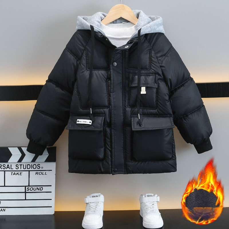 Detské oblečenie Zima 2023 Nová kórejska chlapčenská teplá bunda s flísovou podšívkou, detská teplá bunda s kapucňou v západnom štýle