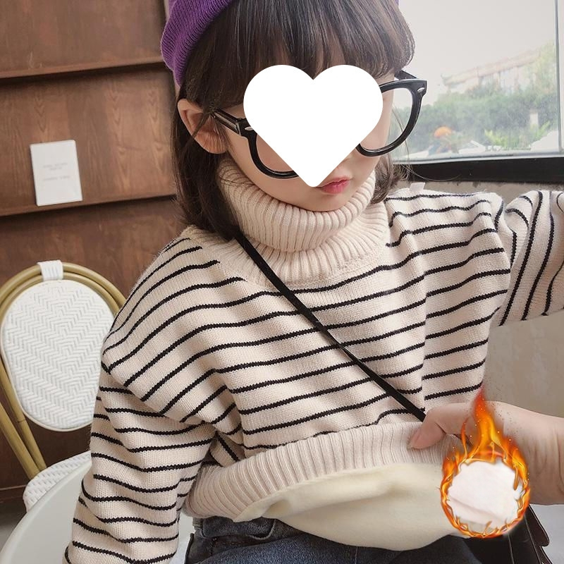 Djevojački pulover s flis podstavom, zadebljani, jesenski i zimski, dječji visoki ovratnik, prugasti topli top, pletena osnovna majica, dječja zimska moda