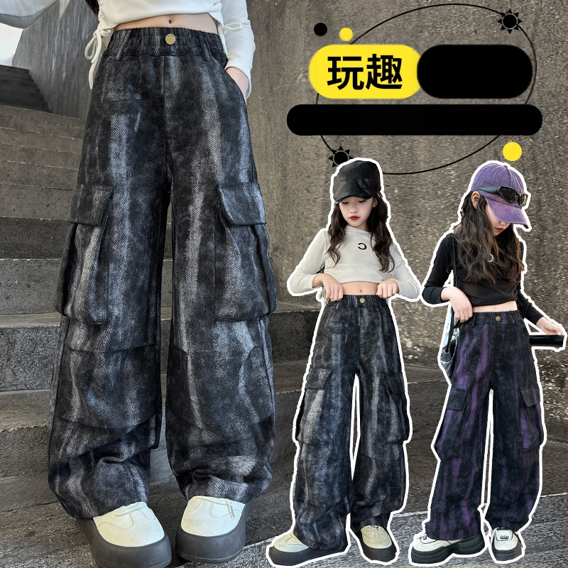 Dievčenské cargo nohavice 2025 Nové trendy štýlové batikované nohavice v kórejskom štýle, voľné nohavice, detské pouličné nohavice so širokými nohavicami