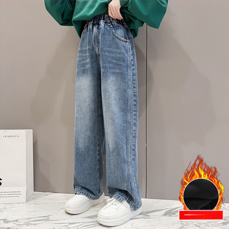 Tüdrukute teksad 2024. aasta talvised ühes tükis sametist laiad teksad suured laste fliisvoodriga paksendatud sirged teksad