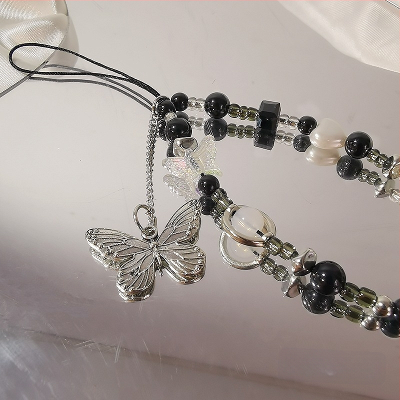 Galvaniseeritud liblikas mustvalge helmestega mobiiltelefonikett naistele mobiiltelefoniümbris kaameraga universaalne ins mood randme riputuskett