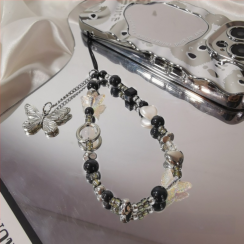 Galvaniseeritud liblikas mustvalge helmestega mobiiltelefonikett naistele mobiiltelefoniümbris kaameraga universaalne ins mood randme riputuskett