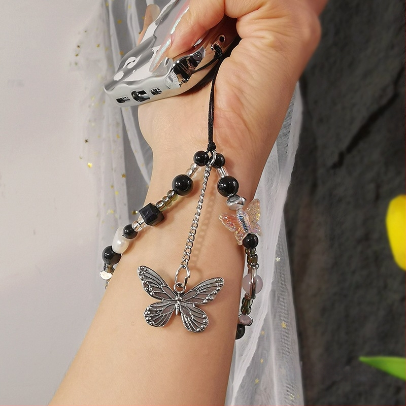 Galvaniseeritud liblikas mustvalge helmestega mobiiltelefonikett naistele mobiiltelefoniümbris kaameraga universaalne ins mood randme riputuskett