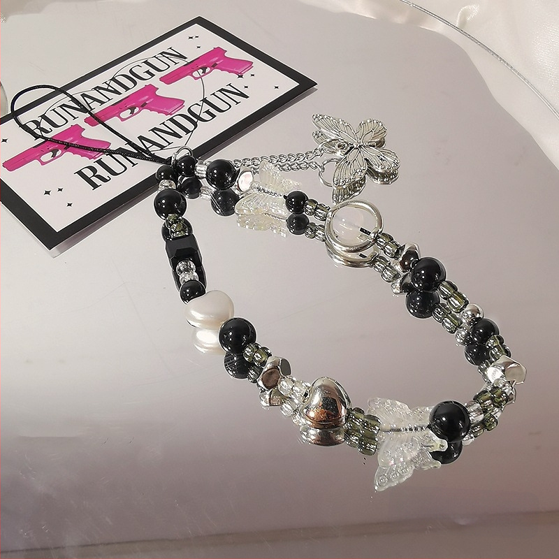 Galvaniseeritud liblikas mustvalge helmestega mobiiltelefonikett naistele mobiiltelefoniümbris kaameraga universaalne ins mood randme riputuskett