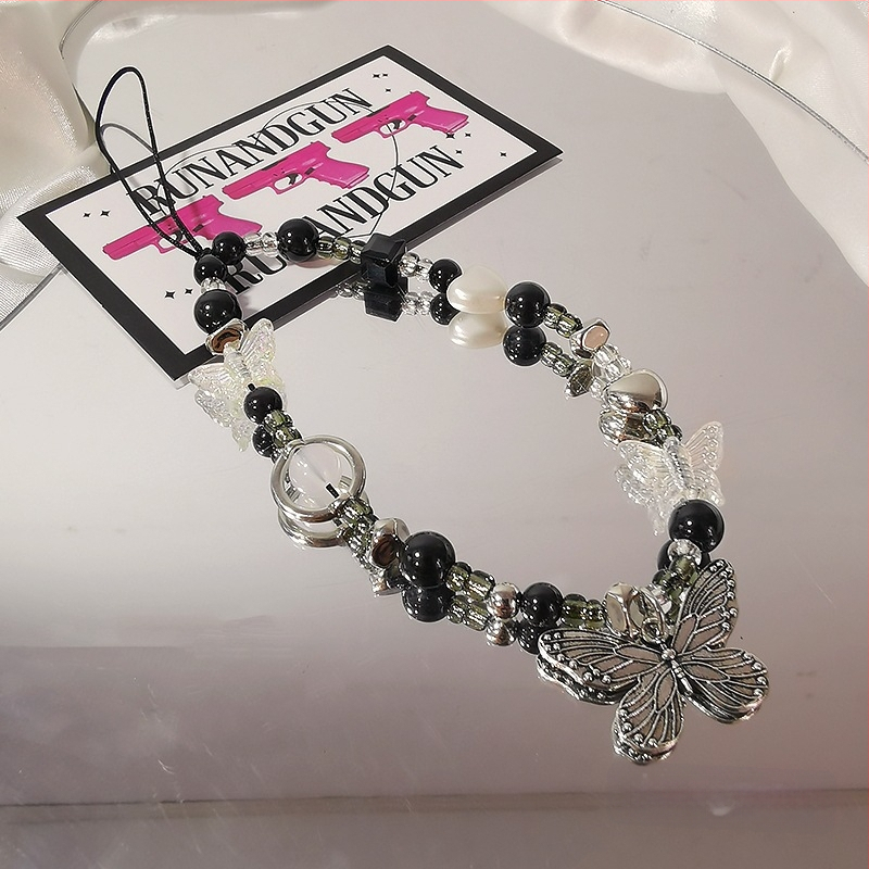 Galvaniseeritud liblikas mustvalge helmestega mobiiltelefonikett naistele mobiiltelefoniümbris kaameraga universaalne ins mood randme riputuskett