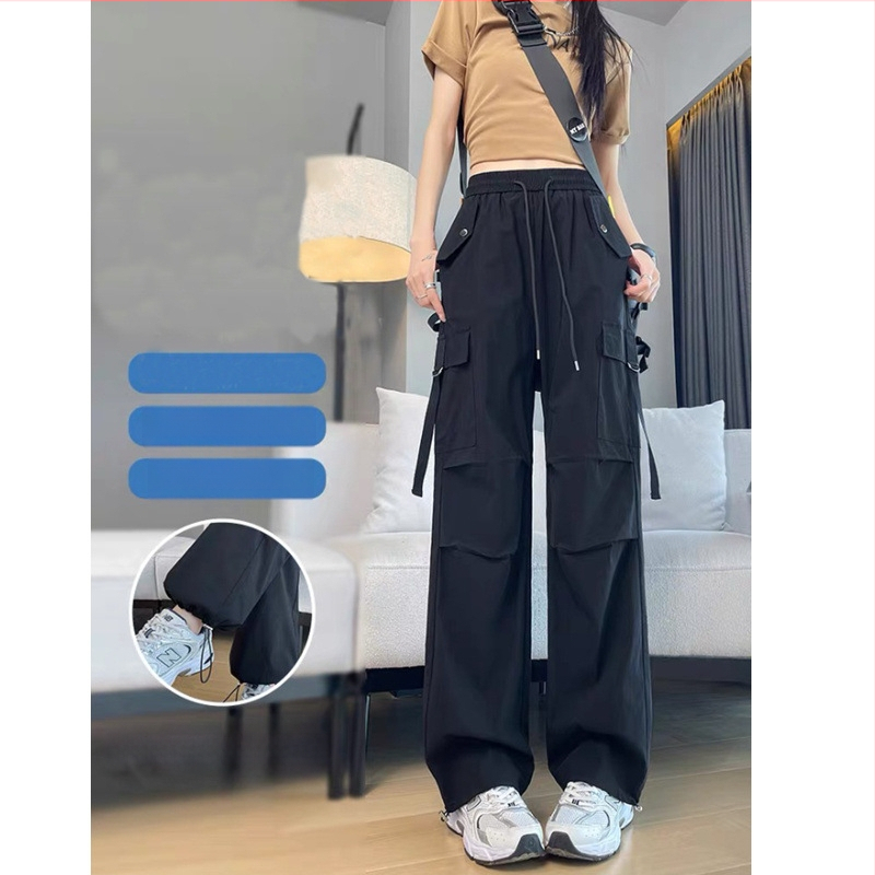 H8A Čierne overaly v americkom štýle Dámske tenké 2024 Nové hip-hopové vysoké pásy Široké nohavice Voľné ležérne zoštíhľujúce športové