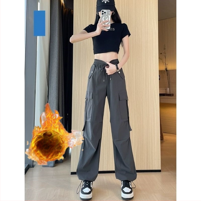 H8A Čierne overaly v americkom štýle Dámske tenké 2024 Nové hip-hopové vysoké pásy Široké nohavice Voľné ležérne zoštíhľujúce športové