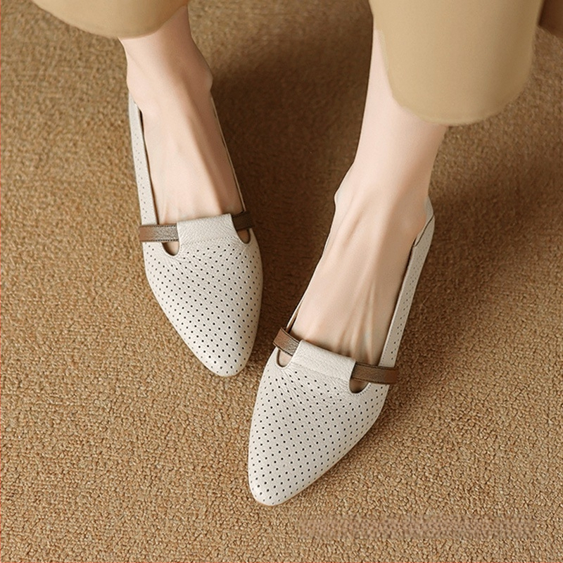 Natūralios odos tuščiavidurės moteriškos basutės 2025 m. naujos vasaros storakulniai žemi kulniukai minkštas padas motininiai bateliai kvėpuojantys skylutės viengubi bateliai