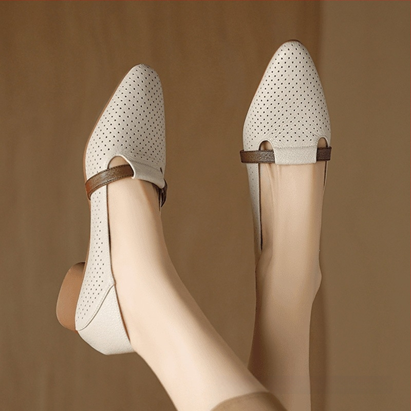 Natūralios odos tuščiavidurės moteriškos basutės 2025 m. naujos vasaros storakulniai žemi kulniukai minkštas padas motininiai bateliai kvėpuojantys skylutės viengubi bateliai