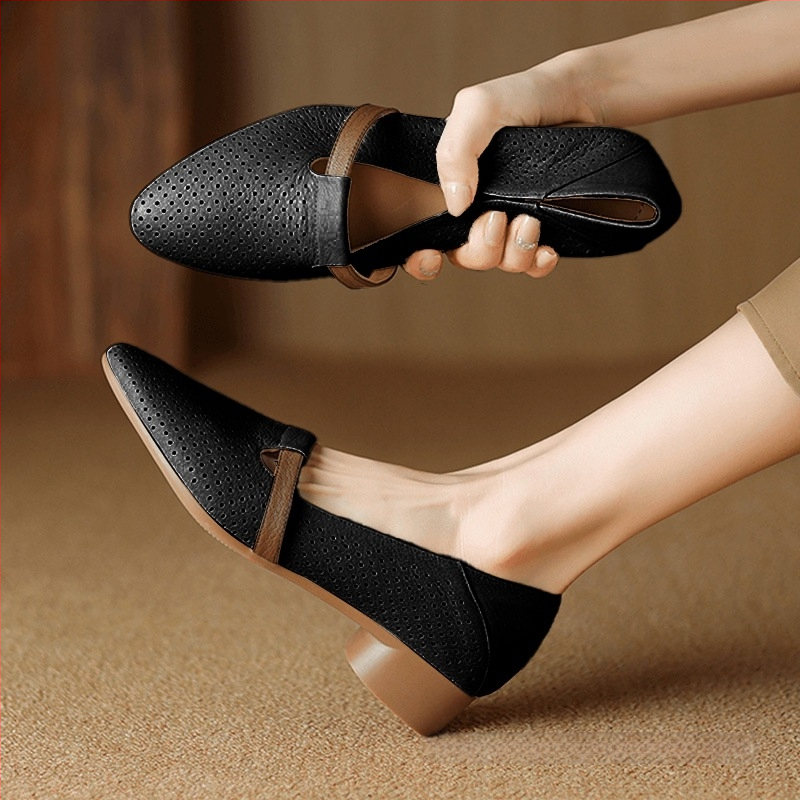 Natūralios odos tuščiavidurės moteriškos basutės 2025 m. naujos vasaros storakulniai žemi kulniukai minkštas padas motininiai bateliai kvėpuojantys skylutės viengubi bateliai