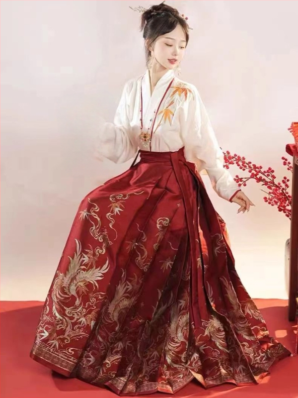 Uus Guofengi hobuse näoga seelik Ming-stiilis Hanfu naiste uus hiina stiilis pikkade varrukatega tikitud kaheosaline iidne ülikond igapäevane hobuse näoga seelik