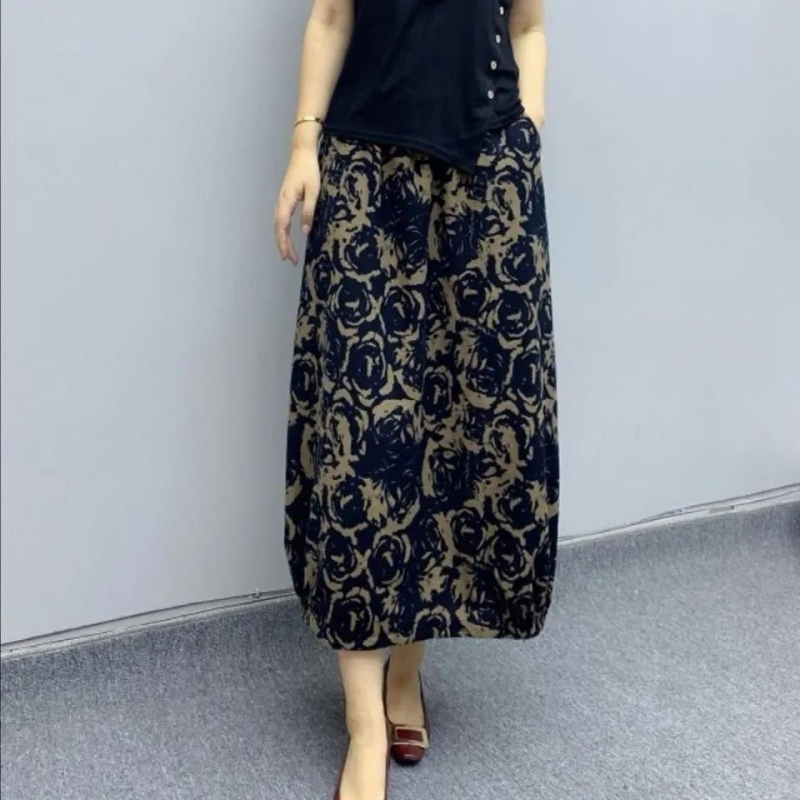 Cvjetna pamučna i lanena suknja za ljeto 2021., nova suknja visokog struka za mršavljenje A-kroja, širokog struka s retro printom, srednje duljine