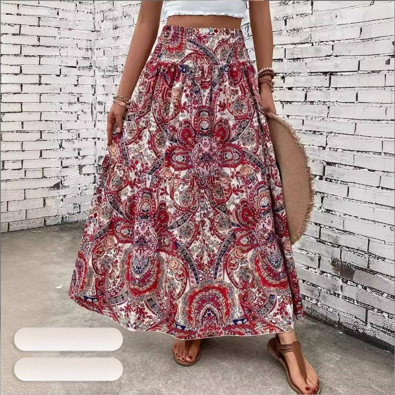 Fustă nouă pentru femei de primăvară și vară, cu imprimeu confortabil și casual pentru plajă, cu design șifonat, pentru comerț exterior online independent, european și american, 2025
