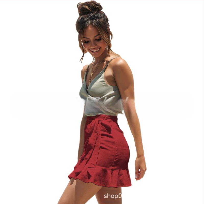 Dámska krátka sukňa s vysokým pásom a jednofarebným vzorom, cezhraničná Amazonka, európska a americká, s krátkymi rukávmi, 8766