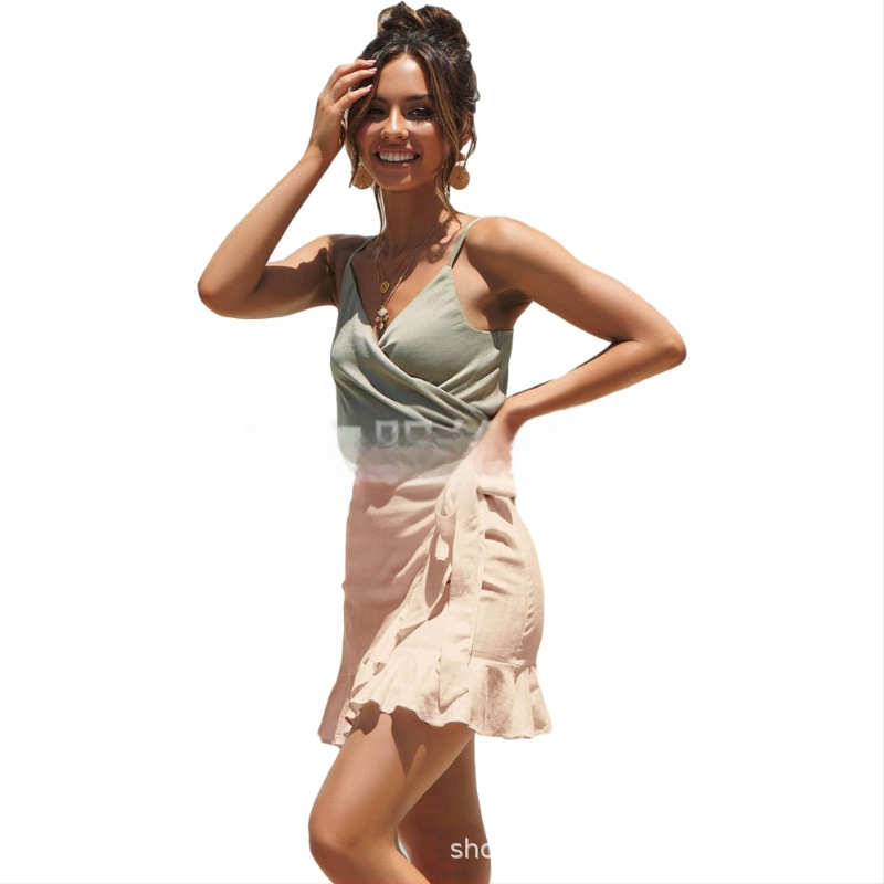 Dámska krátka sukňa s vysokým pásom a jednofarebným vzorom, cezhraničná Amazonka, európska a americká, s krátkymi rukávmi, 8766