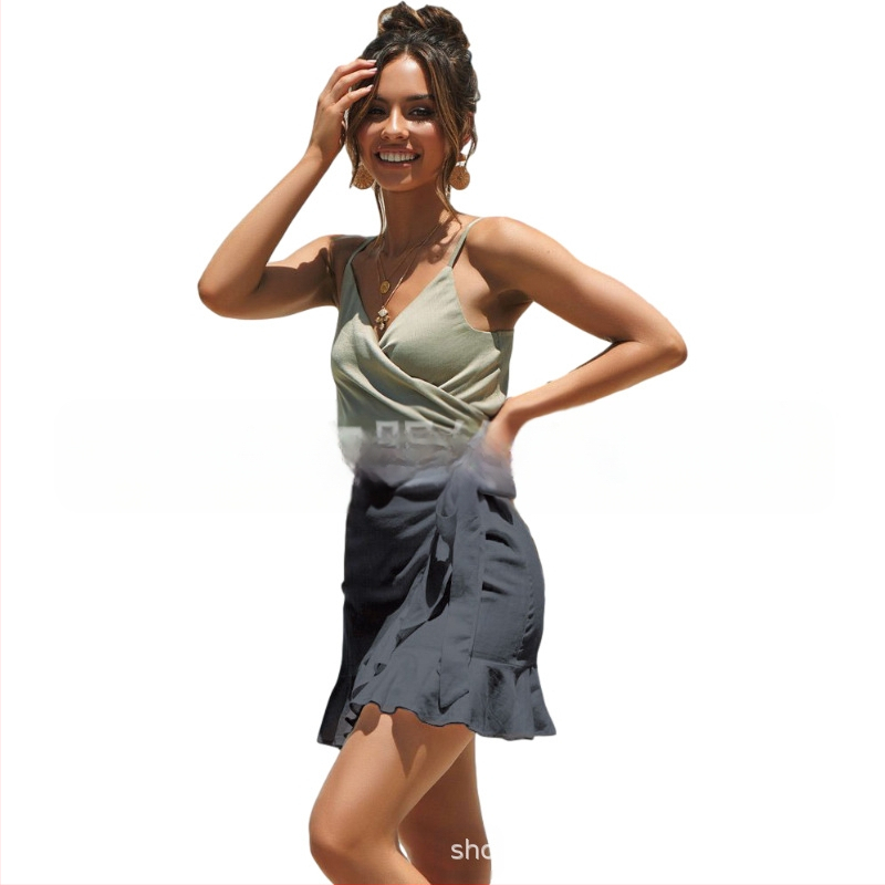 Dámska krátka sukňa s vysokým pásom a jednofarebným vzorom, cezhraničná Amazonka, európska a americká, s krátkymi rukávmi, 8766