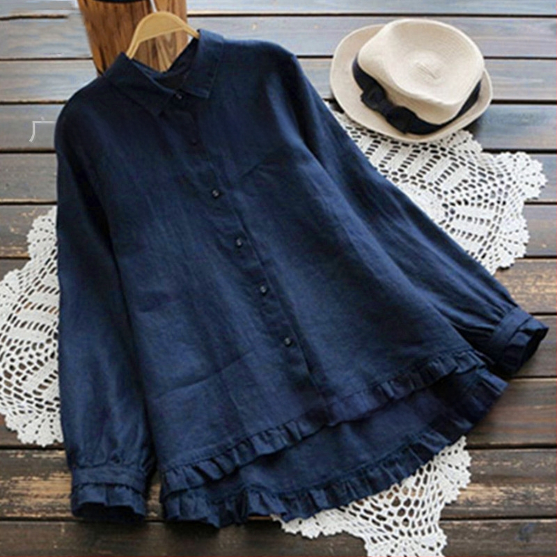 2022 primăvara nouă stil japonez lejer bumbac in top femei în formă de A culoare solidă cămașă de mărime mare cu volane cămașă de bumbac in femei