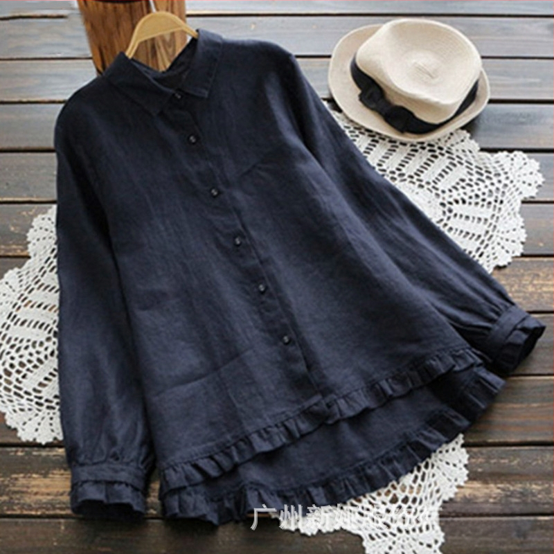 2022 primăvara nouă stil japonez lejer bumbac in top femei în formă de A culoare solidă cămașă de mărime mare cu volane cămașă de bumbac in femei