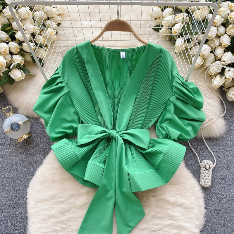 Ženska jesenska košulja s puf rukavima u hongkonškom stilu, visokokvalitetna, s pojasom, plisiranim atmosferskim efektom, laganim i luksuznim topom za društvene pripadnice