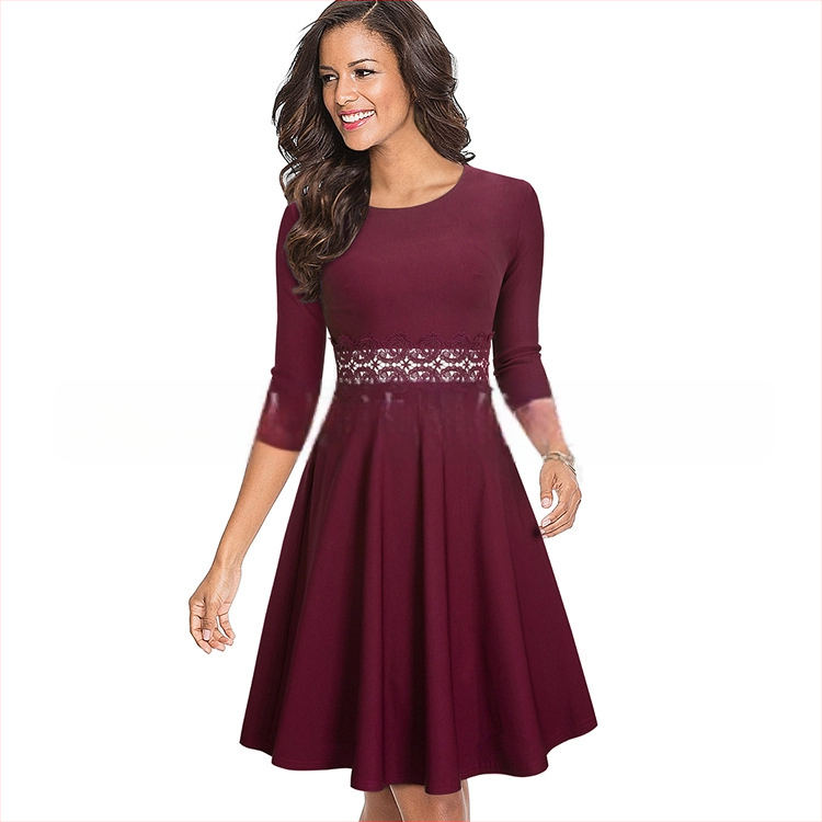 Jesen 2024. Nova haljina za ženu, europsku i američku, uskog kroja, s okruglim izrezom, rukavima u sedam točaka, čipkastim šavovima, A-oblika, velika haljina