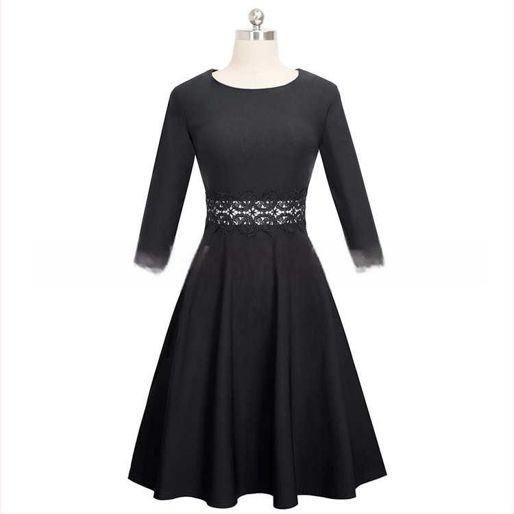 Jesen 2024. Nova haljina za ženu, europsku i američku, uskog kroja, s okruglim izrezom, rukavima u sedam točaka, čipkastim šavovima, A-oblika, velika haljina