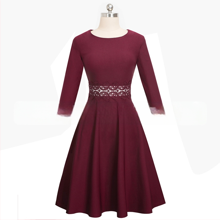 Jesen 2024. Nova haljina za ženu, europsku i američku, uskog kroja, s okruglim izrezom, rukavima u sedam točaka, čipkastim šavovima, A-oblika, velika haljina