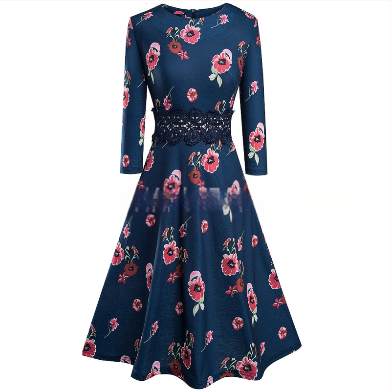 Jesen 2024. Nova haljina za ženu, europsku i američku, uskog kroja, s okruglim izrezom, rukavima u sedam točaka, čipkastim šavovima, A-oblika, velika haljina