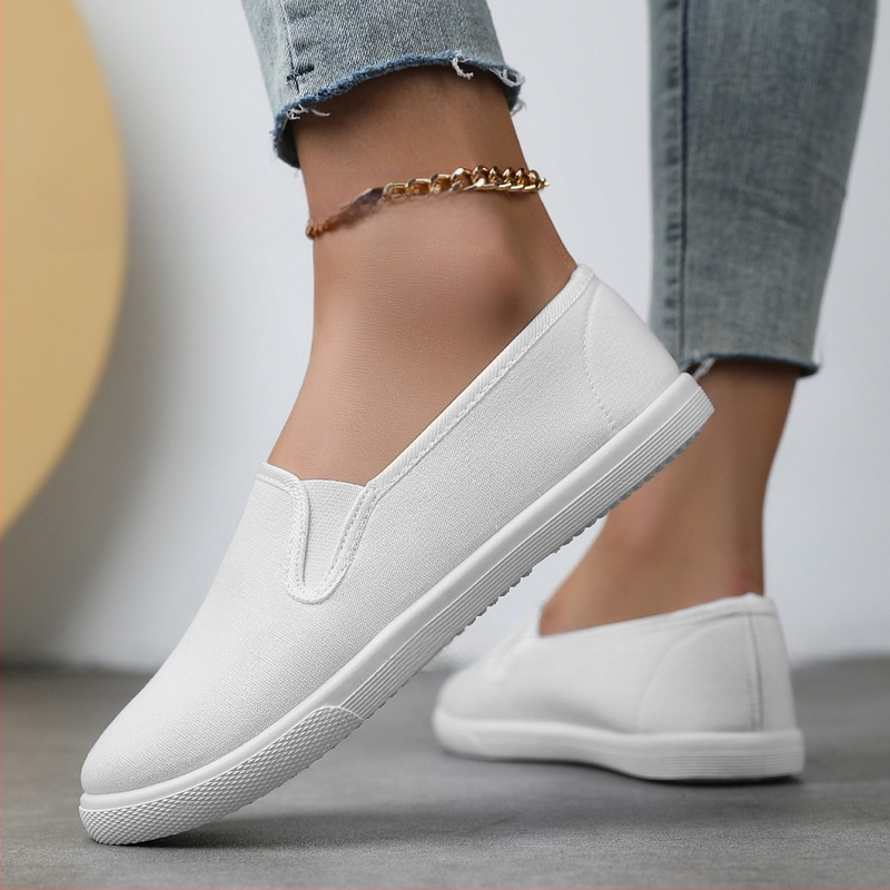 Jauni, pārrobežu stila vīriešu un sieviešu modes apavi ar baltu papēdi, audekla apavi, sieviešu pēdu pārvalks, korejiešu stila plakanie uzvelkamie apavi