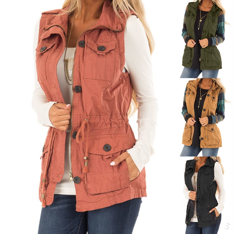 Naiste jakk Amazon European and American 2022 ühevärviline nööpidega retro pingutusnööriga õhuke mitme taskuga kardigan-vest