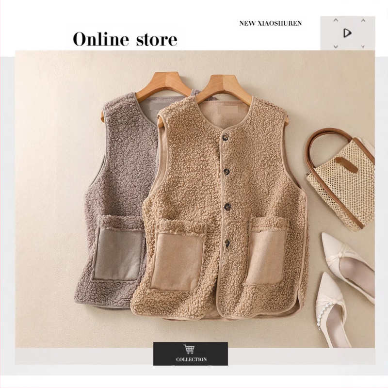 2024 m. rudens ir žiemos nauja vakarietiško stiliaus „Little Man“ ėrienos vilnos liemenė, moteriška trumpa viršutine liemenė, moteriška striukė