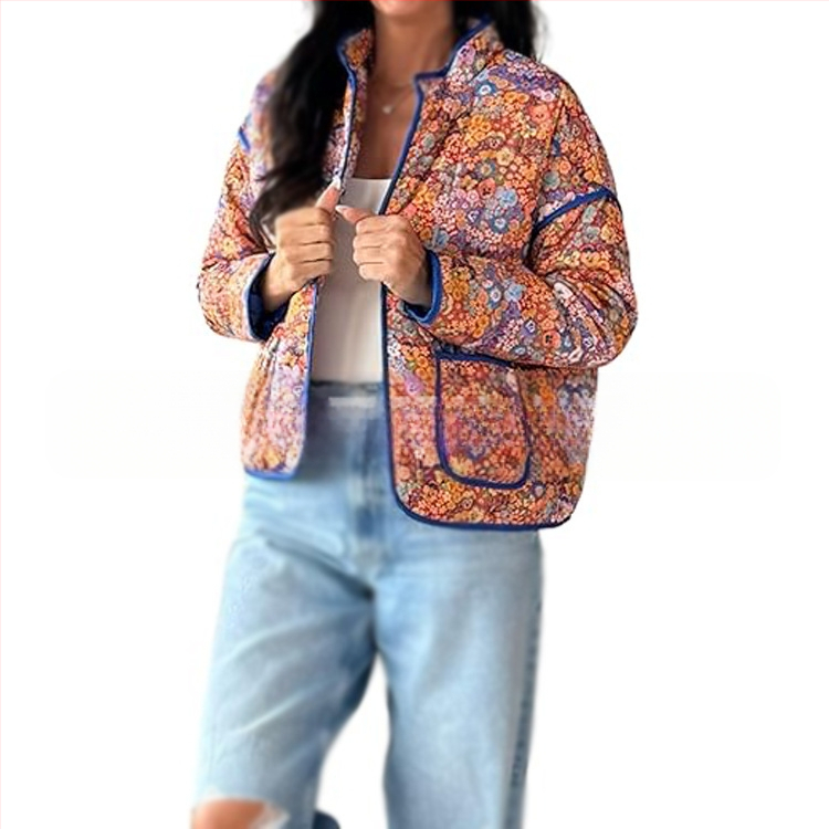 Tarpvalstybiniai Europos ir Amerikos 2025 m. „Amazon“ žiemos nauji prancūziški retro raštuoti medvilniniai viršutiniai drabužiai su gėlėtais trumpais medvilniniais viršutiniais drabužiais moterims.