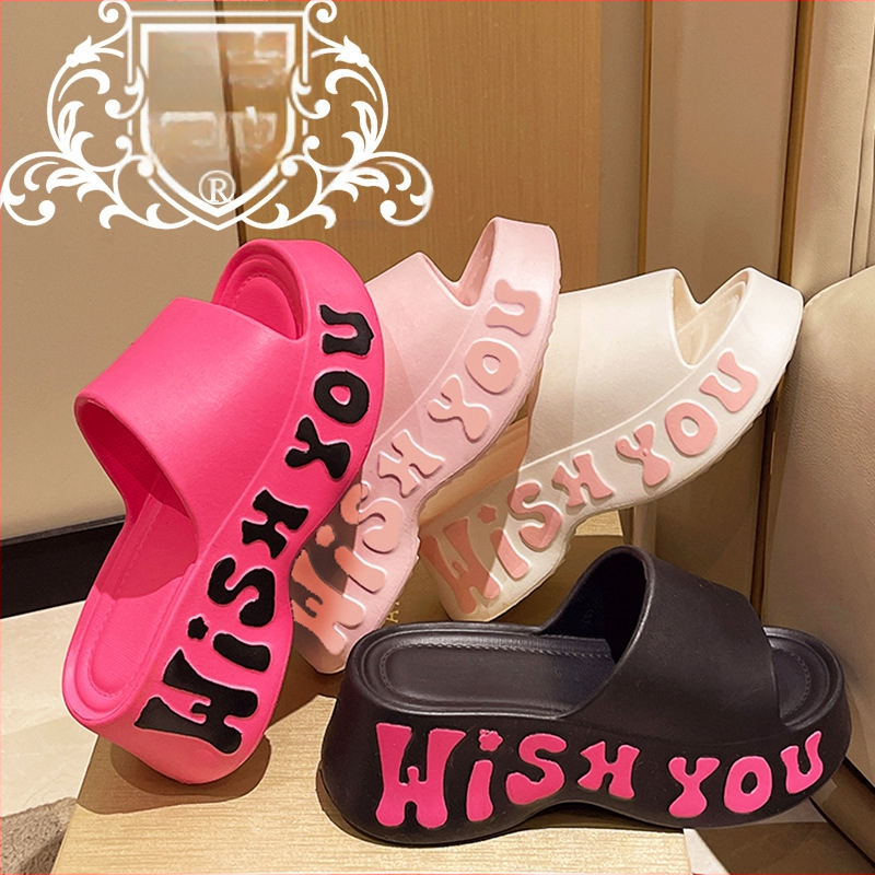 2025 Papuci cu talpă groasă pentru femei, pentru exterior, înălțime crescută, sandale de plajă antiderapante cu litere, la modă și cu talpă înaltă, pentru acasă