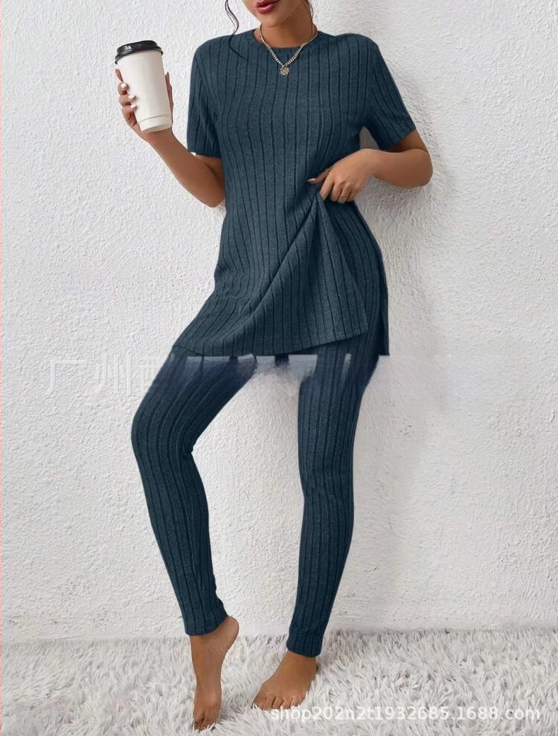 2025 Nový európsky a americký pletený oblek z Amazonu, ležérny slim-fit oblek, jednofarebný rebrovaný dlhý nohavicový oblek pre ženy