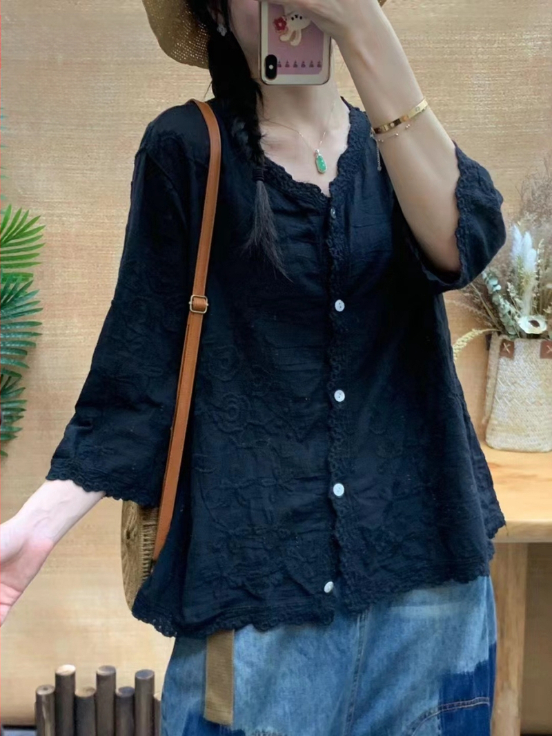 Retro jednofarebný sedembodový rukávový top košeľa 2024 Leto Nový trojrozmerný vyšívaný čipkovaný elegantný dámsky top kardigan
