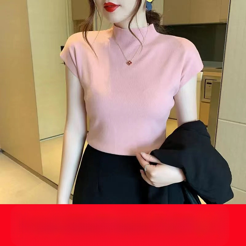 Nova poluvisoka ovratnica, ženska majica s kratkim rukavima, crna, ženska ljetna majica, tanka, labava, vanjska trgovina na veliko