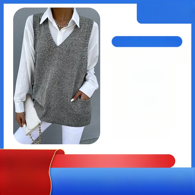 Amazoni Euroopa ja Ameerika Ühendriikide piiriülene AliExpressi lahtise V-kaelusega disainiga Sense`i topelttaskuga kootud vest varrukateta kampsunmantel