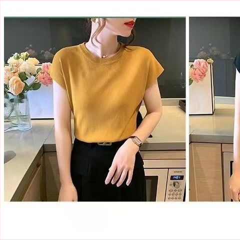 Dámsky letný tenký úplet z ľadového hodvábu 2022, nový štýl, voľný, okrúhly výstrih, čisto farebný, všestranný top s odhalenými ramenami a krátkym rukávom