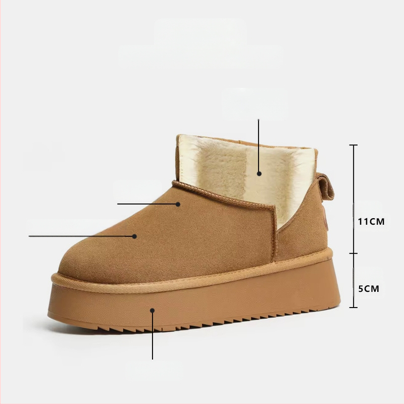 Naiste villased talvesaapad, fliisvoodriga, ehtsast nahast, paksu tallaga, lühikesed, libisemiskindlad, kõrgust suurendavad, soojad puuvillased saapad ja kingad