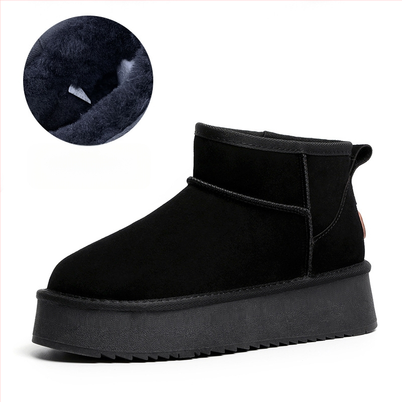 Naiste villased talvesaapad, fliisvoodriga, ehtsast nahast, paksu tallaga, lühikesed, libisemiskindlad, kõrgust suurendavad, soojad puuvillased saapad ja kingad