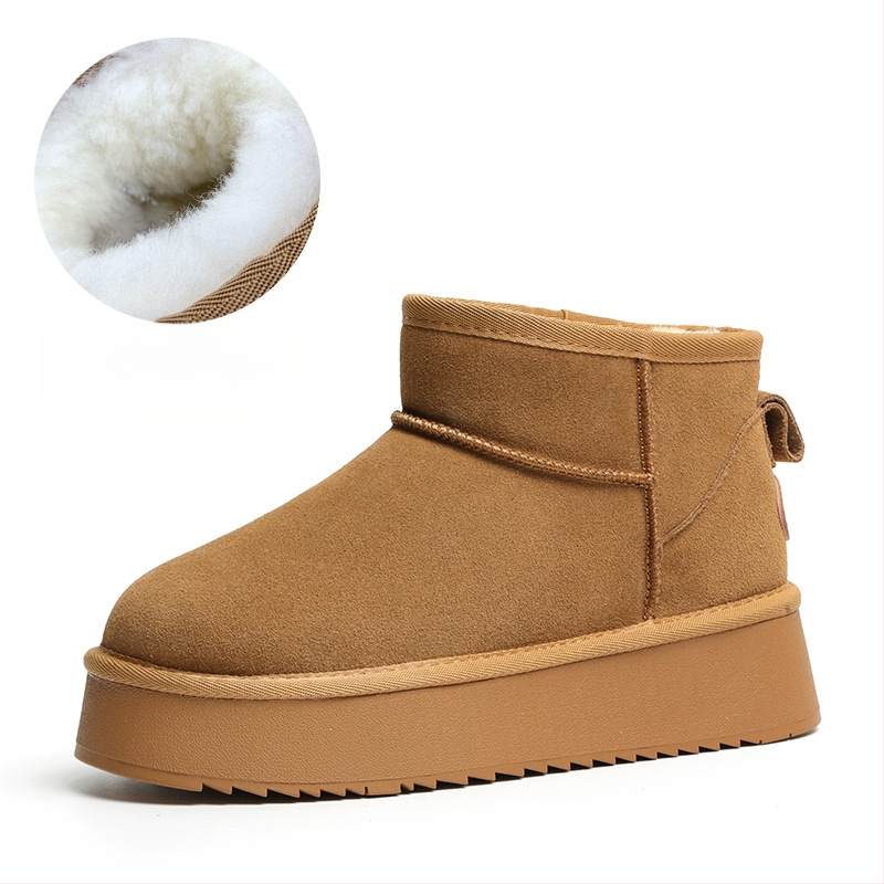 Naiste villased talvesaapad, fliisvoodriga, ehtsast nahast, paksu tallaga, lühikesed, libisemiskindlad, kõrgust suurendavad, soojad puuvillased saapad ja kingad