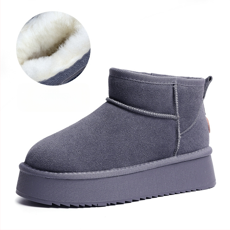 Naiste villased talvesaapad, fliisvoodriga, ehtsast nahast, paksu tallaga, lühikesed, libisemiskindlad, kõrgust suurendavad, soojad puuvillased saapad ja kingad